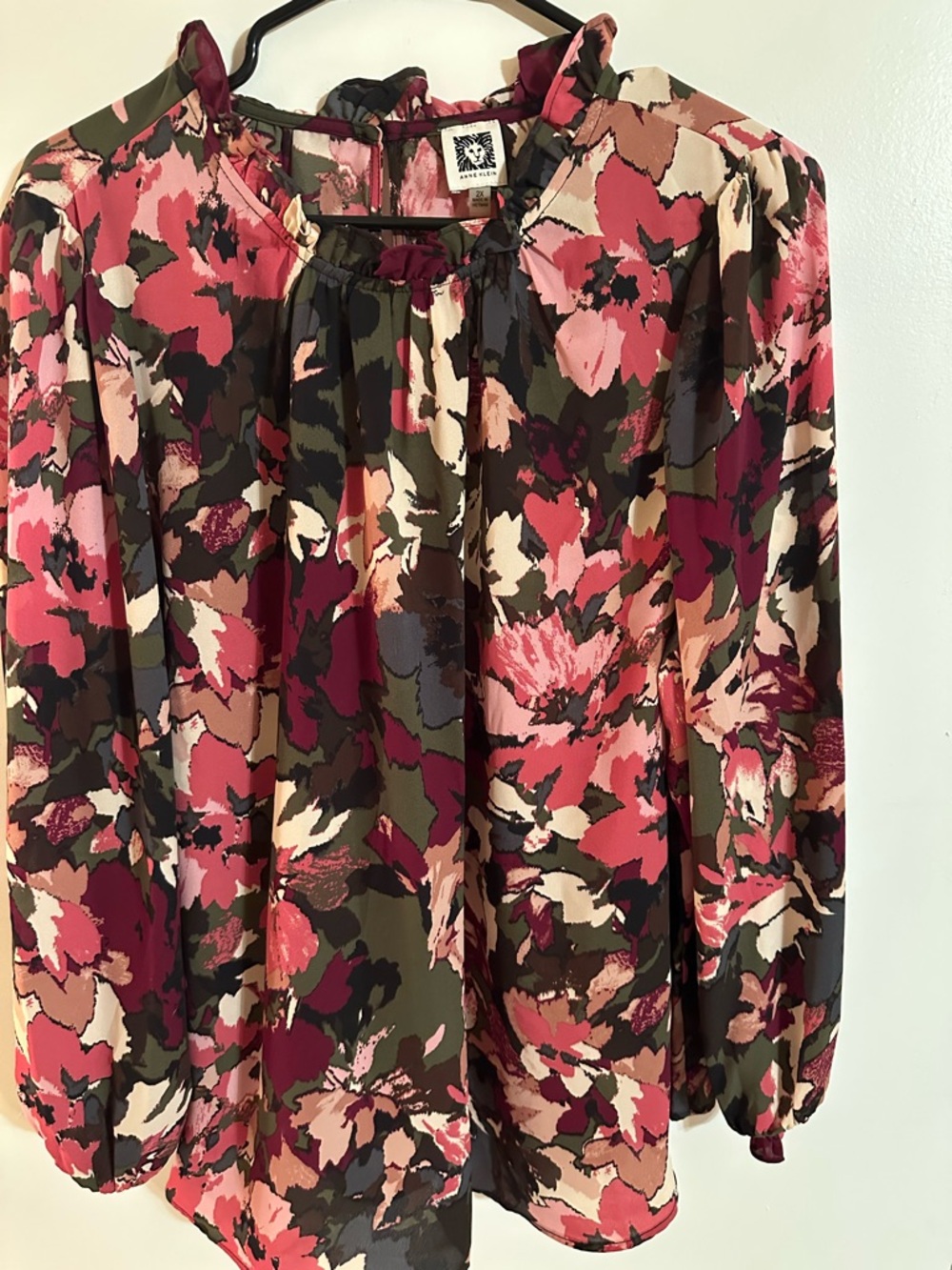 Ann Klein Plus Size 2X Floral Peasant Blouse in Pink & Olive Tones